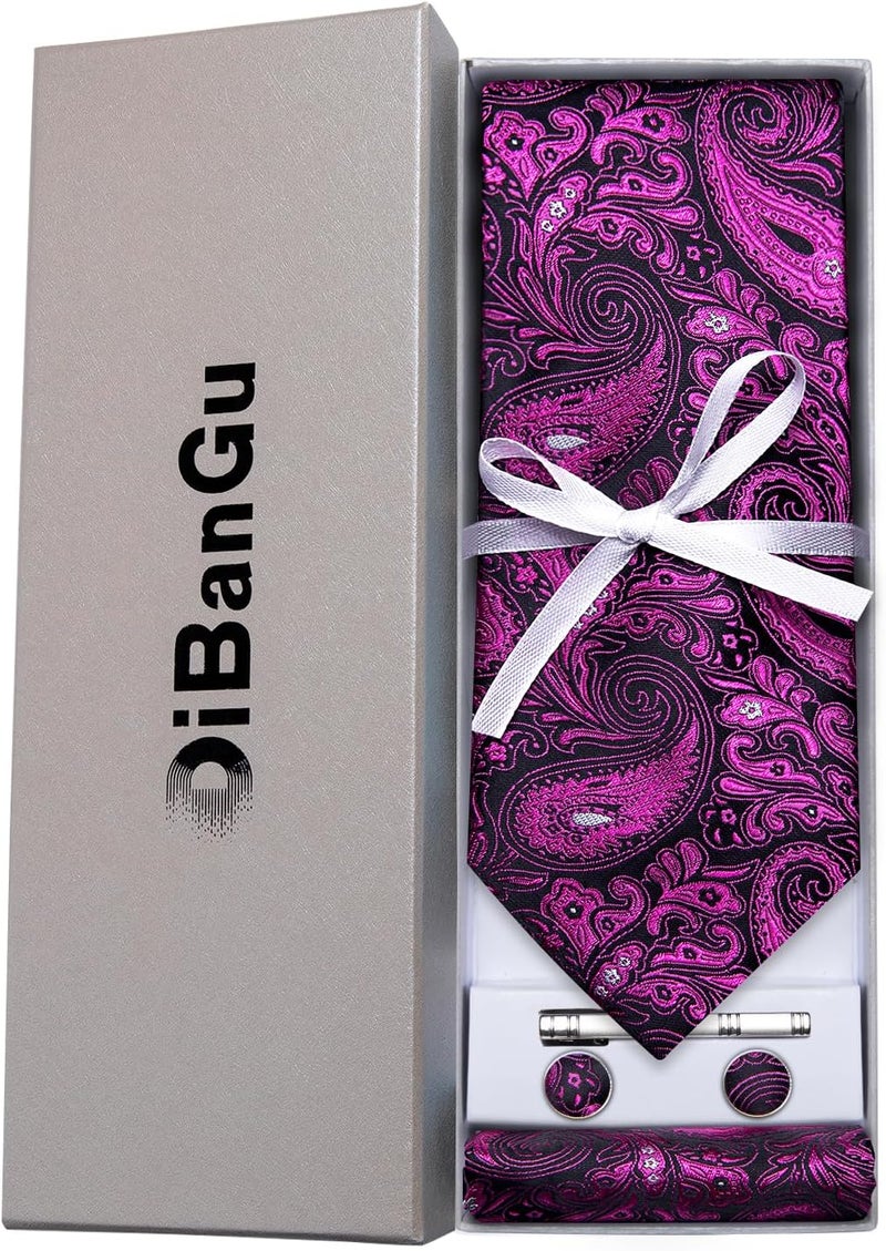 DiBanGu Paisley Ties for Men Silk Necktie and Pocket Square Cufflinks Tie Clip Set Woven Classic Mens Tie for Wedding Party - Image 3